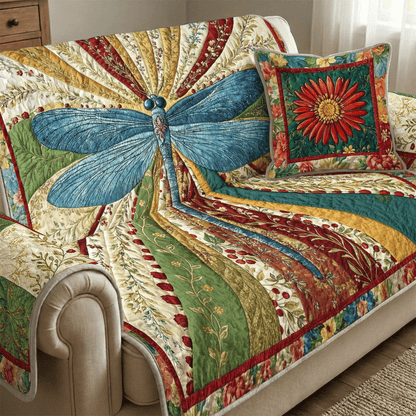 Dragonfly Quilted Sofa Cover Azure Radiant Wings