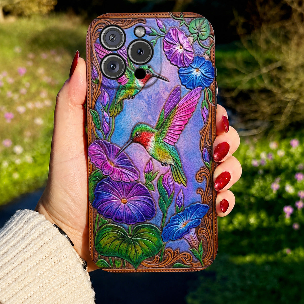 Garden Birds Leather Phone Case Morning Glory Hummingbird Harmony - Brown
