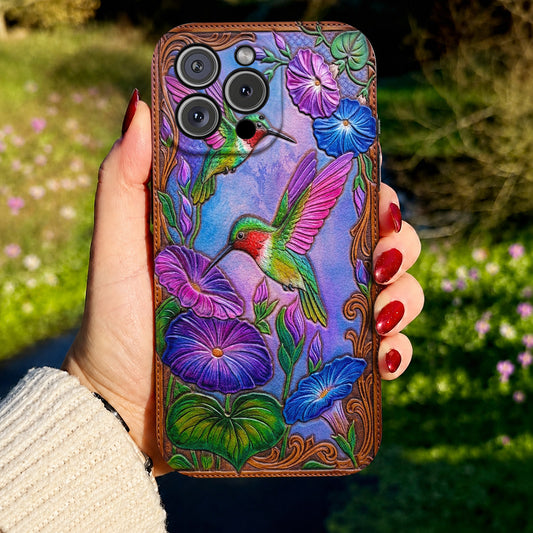 Garden Birds Leather Phone Case Morning Glory Hummingbird Harmony - Brown