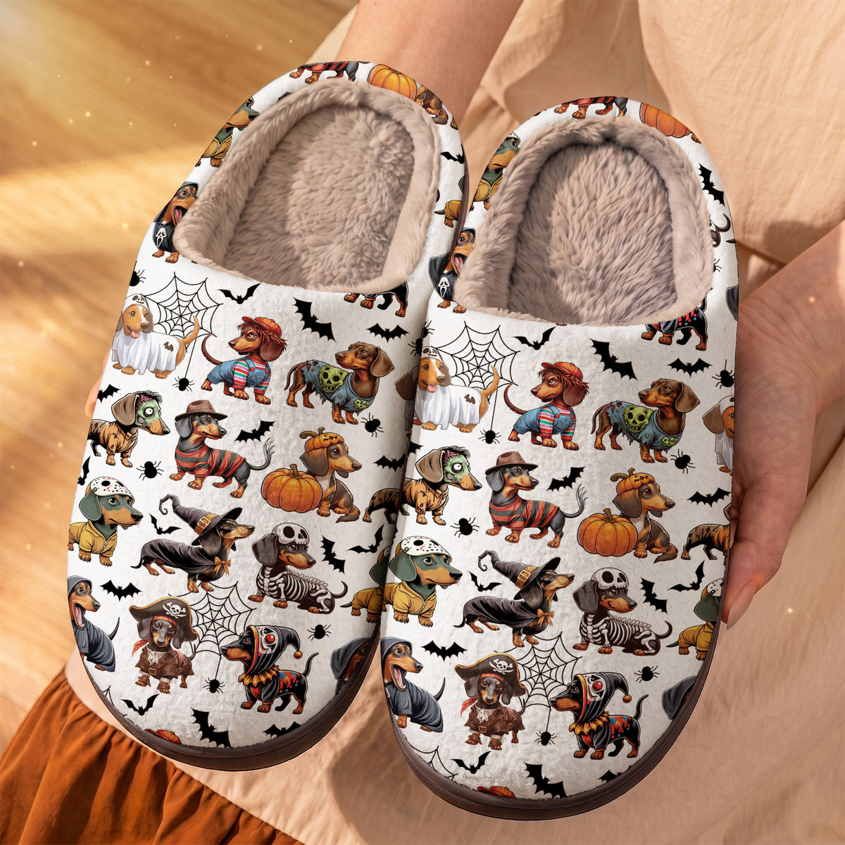 Dachshund Halloween Fleece Lined Slippers Spooky Sausage Squad