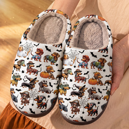 Dachshund Halloween Fleece Lined Slippers Spooky Sausage Squad