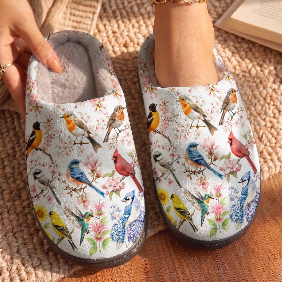 Birds Fleece Lined Slippers Blossom Garden