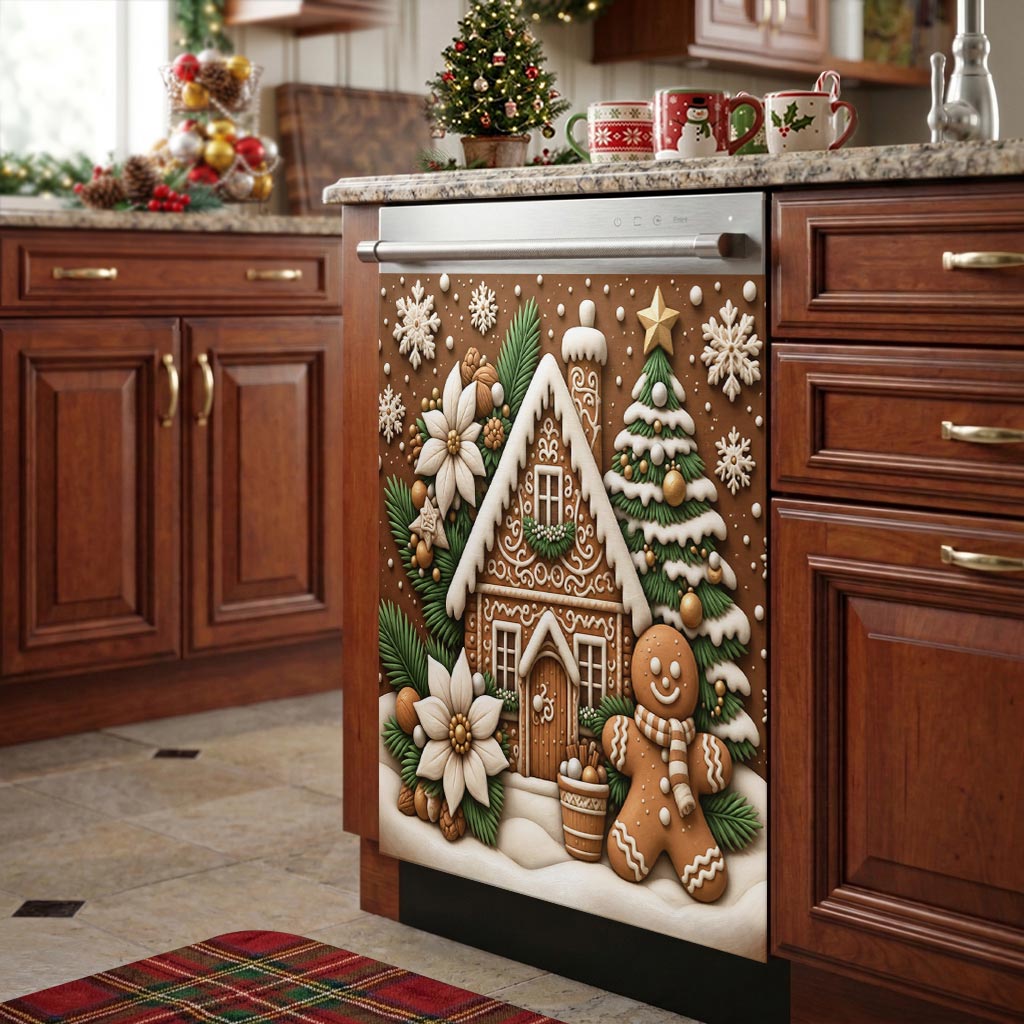 Christmas Magnetic Dishwasher Cover Gingerbread Christmas Cottage