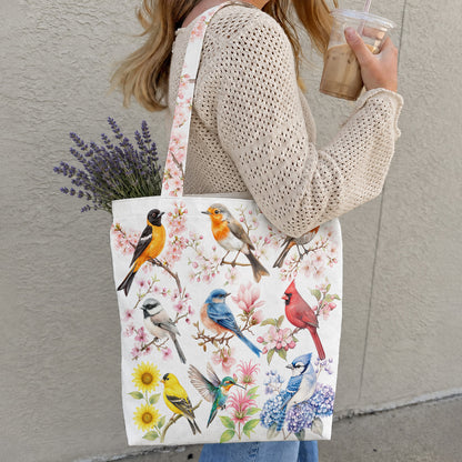 Birds Canvas Tote Bag Spring Birds Blossom Garden