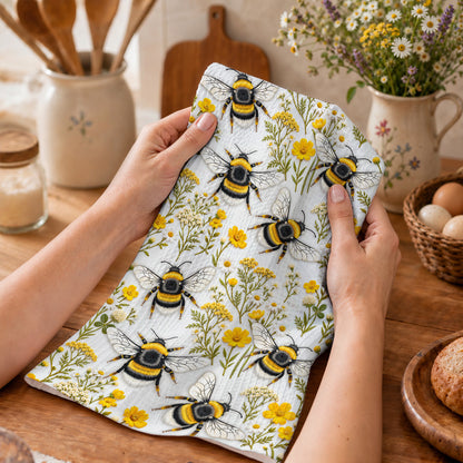Bee Kitchen Towel Golden Bumblebees & Wildflower Meadow