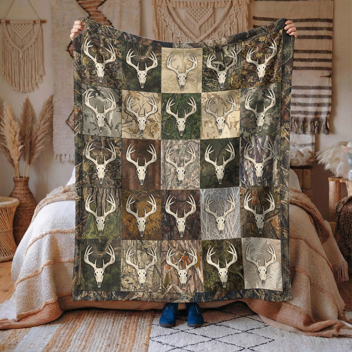 Deer Hunting Fleece Blanket Whitetail Patchwork Lodge
