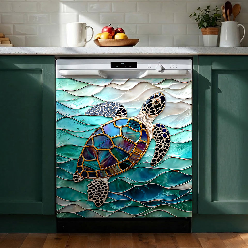 Sea Turtle Magnetic Dishwasher Cover Iridescent Sea Turtle In Turquoise Tides