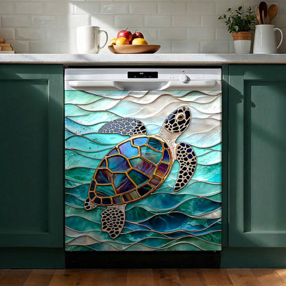 Sea Turtle Magnetic Dishwasher Cover Iridescent Sea Turtle In Turquoise Tides