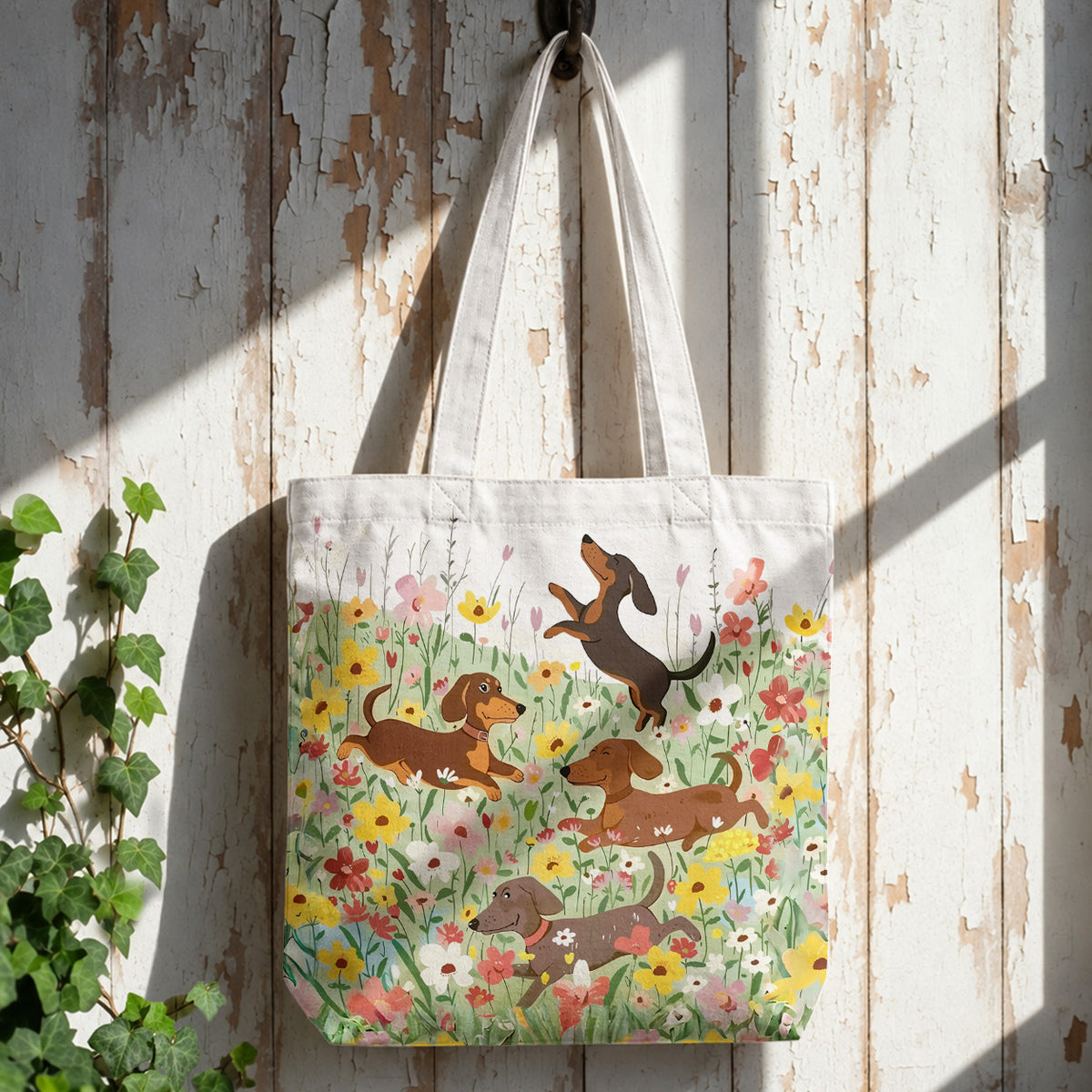 Dachshund Canvas Tote Bag Dashing Happy Dachshunds in Flower Garden