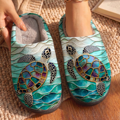 Sea Turtle Fleece Lined Slippers Iridescent Sea Turtle In Turquoise Tides