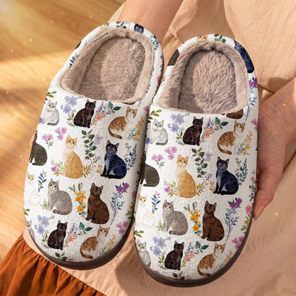 Cat Fleece Lined Slippers Charming Floral Cats