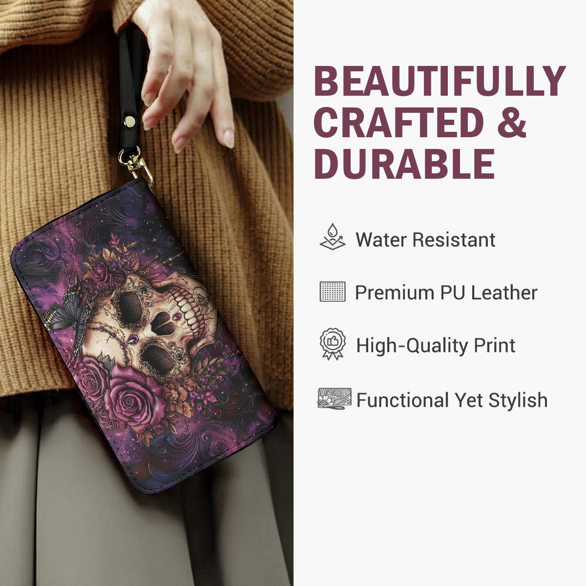 Skull Leather Wallet Midnight Bloom Violet Rose Gothic Skull