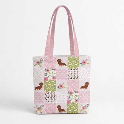 Dachshund Canvas Tote Bag Floral Patchwork Pups