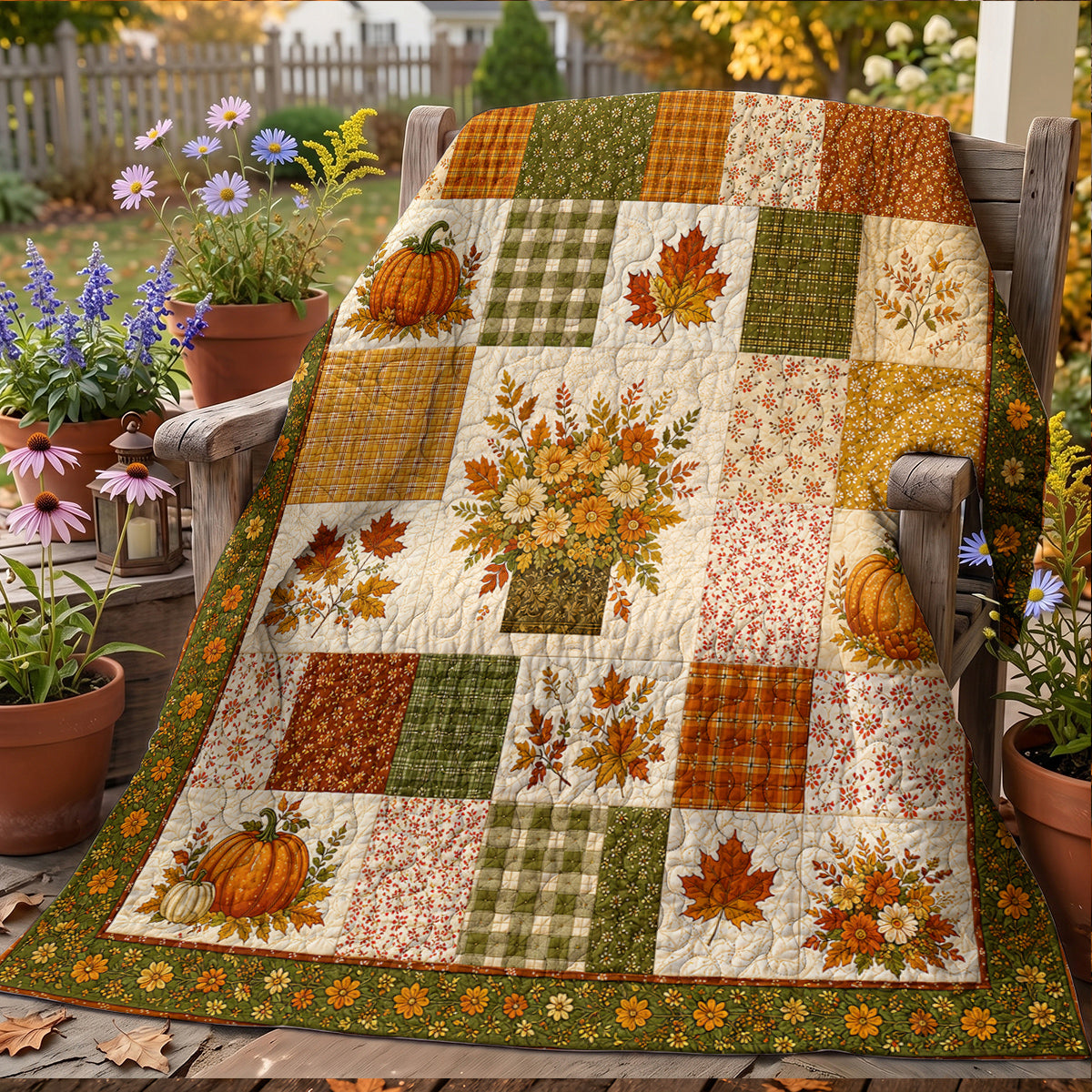 Autumn Harvest Bouquet Patchwork Quilted Blanket