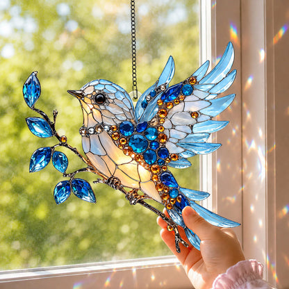 Jeweled Bluebird Garden Glass Suncatcher – Bird Lover Gift & Window Décor