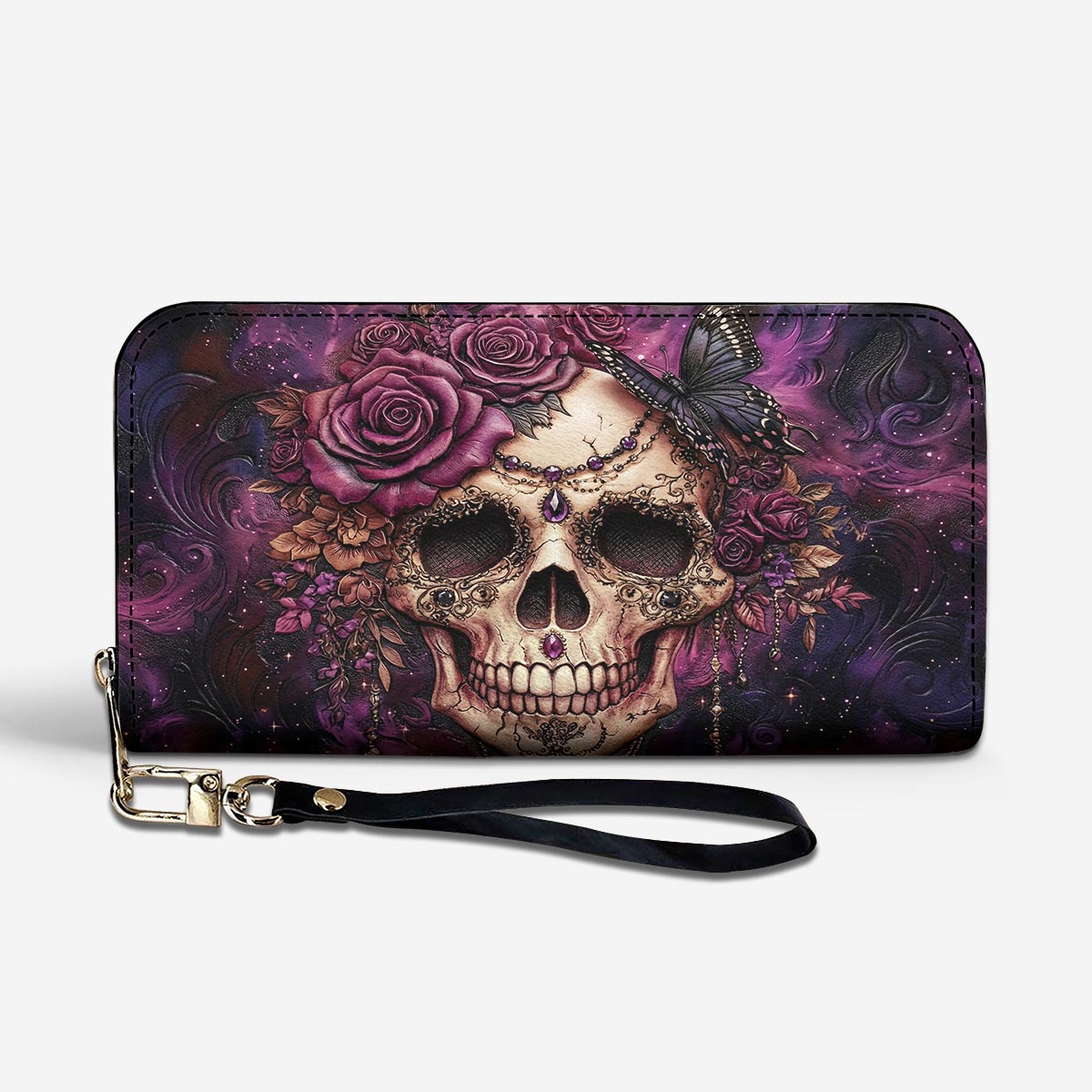 Skull Leather Wallet Midnight Bloom Violet Rose Gothic Skull