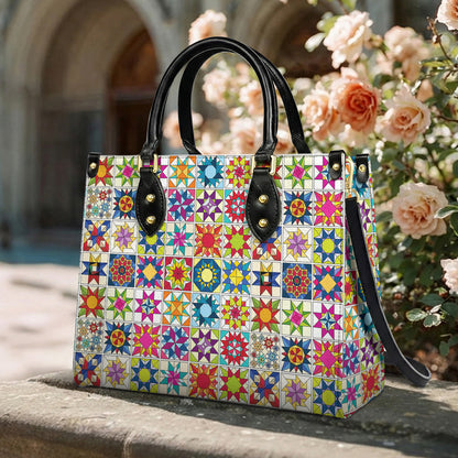 Sewing Lover Leather Handbag Colorful Quilt Blocks