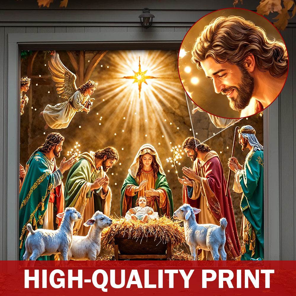 God Garage Door Banner Decoration - Divine Light at the Manger The Nativity Scene