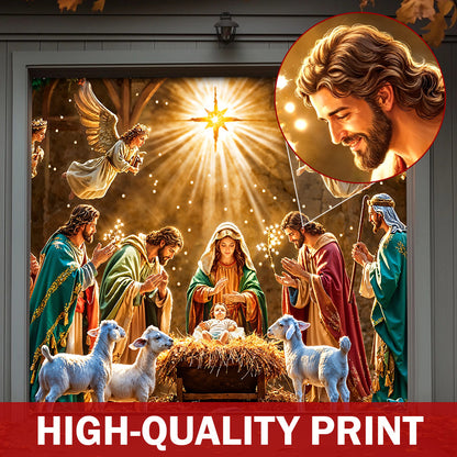 God Garage Door Banner Decoration - Divine Light at the Manger The Nativity Scene