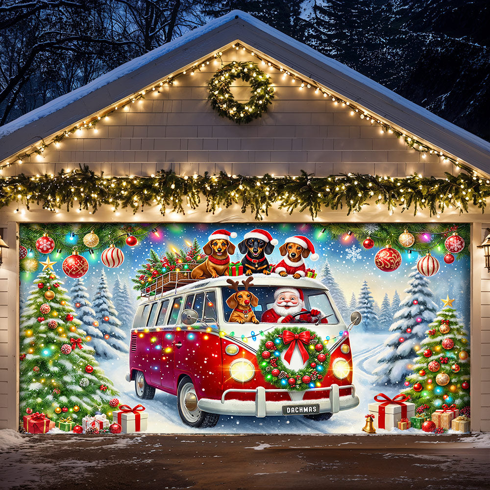Christmas Garage Door Banner Decoration - Santa's Dachshund Christmas Road Trip