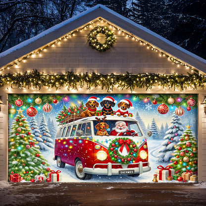 Christmas Garage Door Banner Decoration - Santa's Dachshund Christmas Road Trip