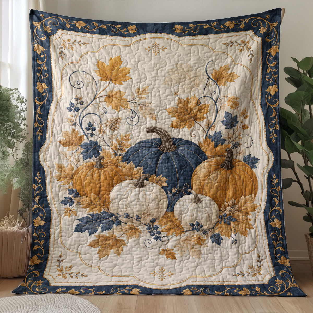 Autumn Quilted Blanket Harvest Blue Pumpkin