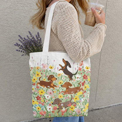 Dachshund Canvas Tote Bag Dashing Happy Dachshunds in Flower Garden