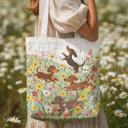 Dachshund Canvas Tote Bag Dashing Happy Dachshunds in Flower Garden