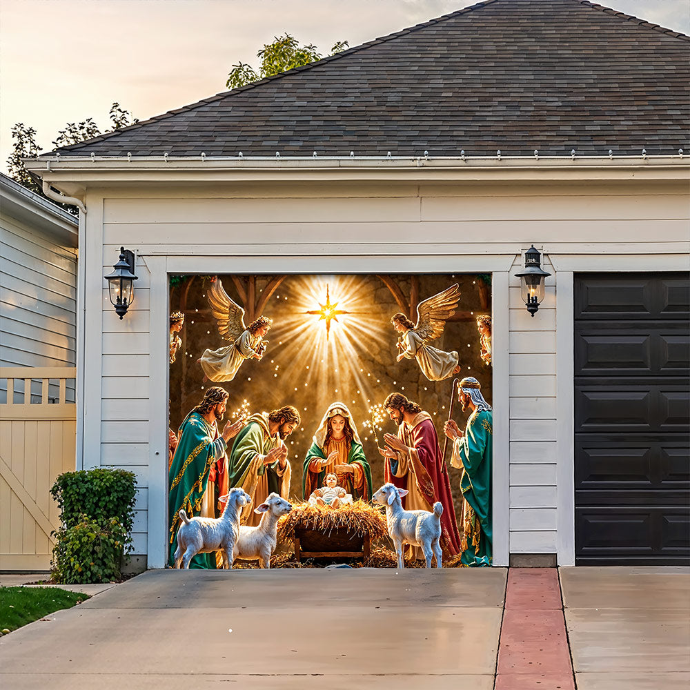 God Garage Door Banner Decoration - Divine Light at the Manger The Nativity Scene