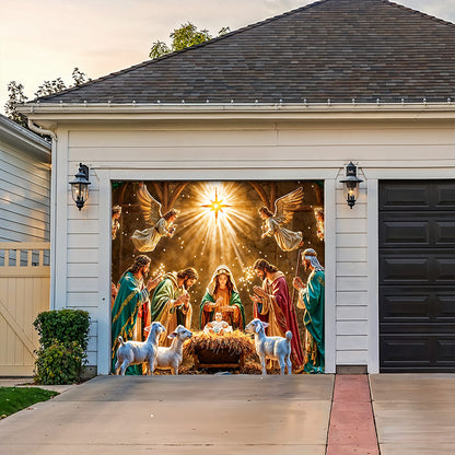 God Garage Door Banner Decoration - Divine Light at the Manger The Nativity Scene