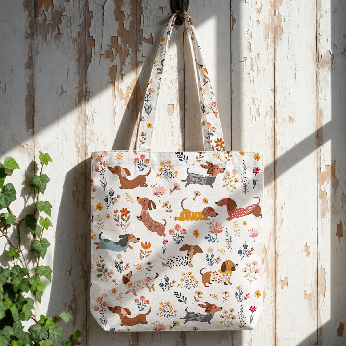 Dachshund Canvas Tote Bag Happy Field Flowers