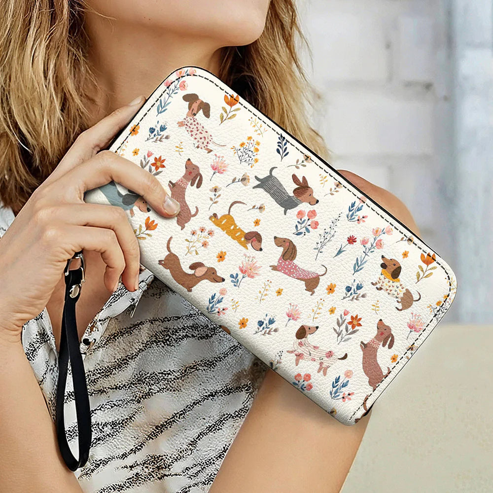 Dachshund Leather Wallet Happy Field Flowers