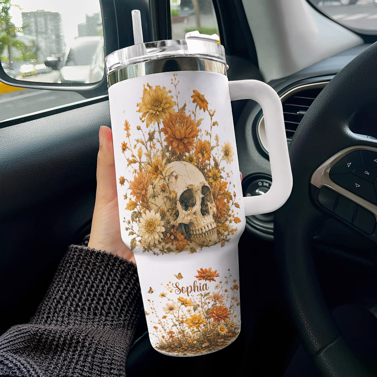 Skull 40 oz Tumbler Personalized Autumn Skullflower