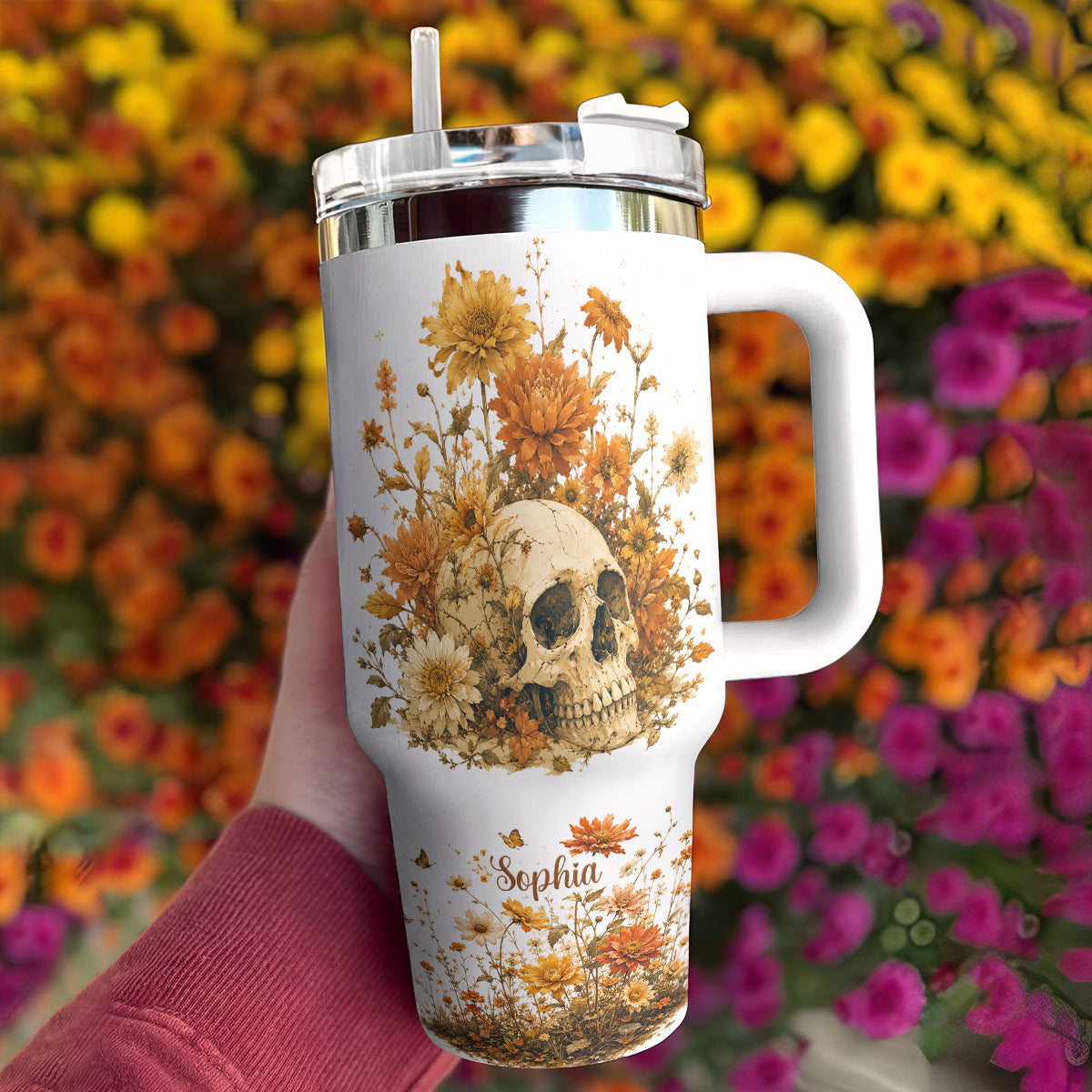 Skull 40 oz Tumbler Personalized Autumn Skullflower