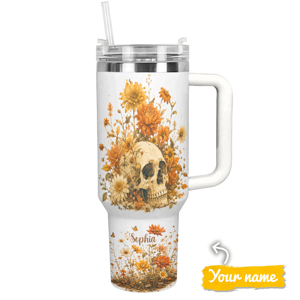 Skull 40 oz Tumbler Personalized Autumn Skullflower