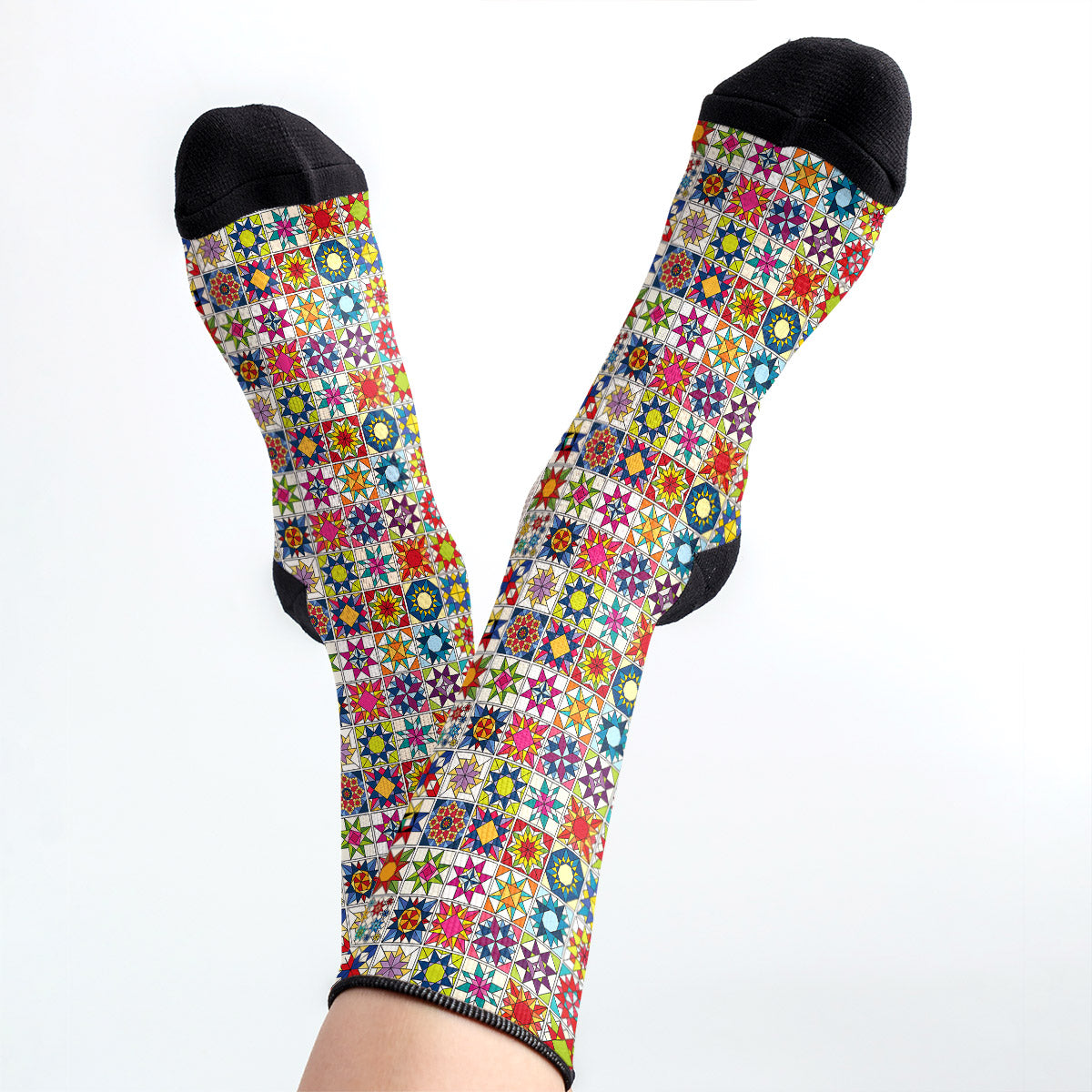 Sewing Lover Crew Socks Colorful Star Quilt Blocks