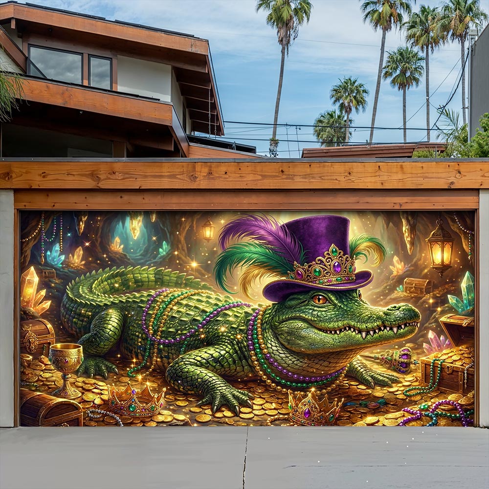 Mardi Gras Garage Door Banner Decoration - Mardi Gras Alligator’s Fortune