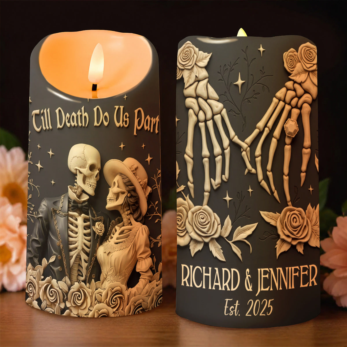 Till Death Do Us Part Personalized Skull LED Candle