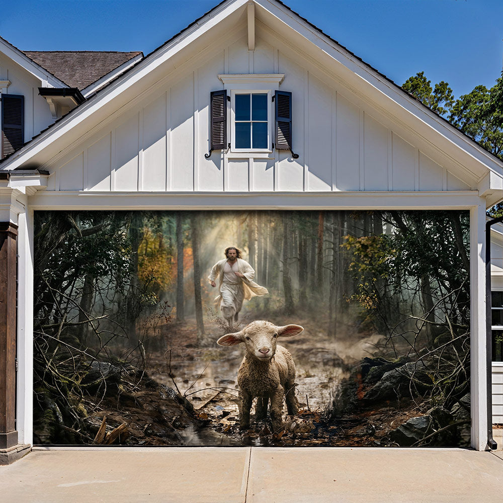 God Garage Door Banner Decoration - Jesus Running After a Lost Lamb