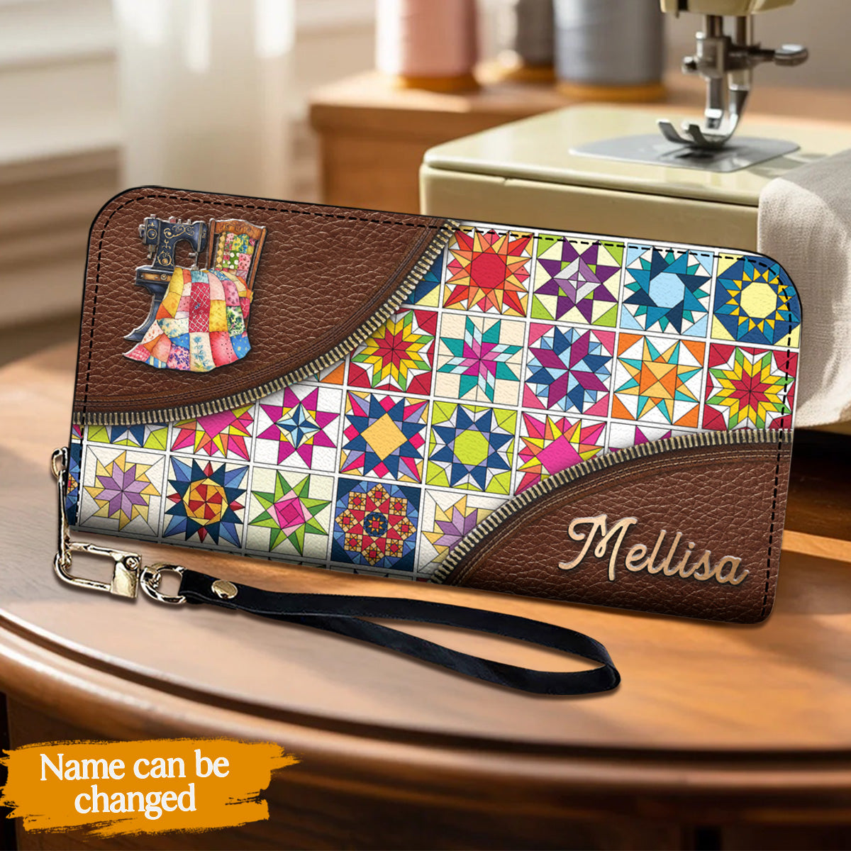 Sewing Lover Leather Wallet Personalized Colorful Quilt Blocks