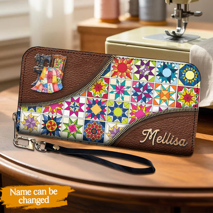 Sewing Lover Leather Wallet Personalized Colorful Quilt Blocks