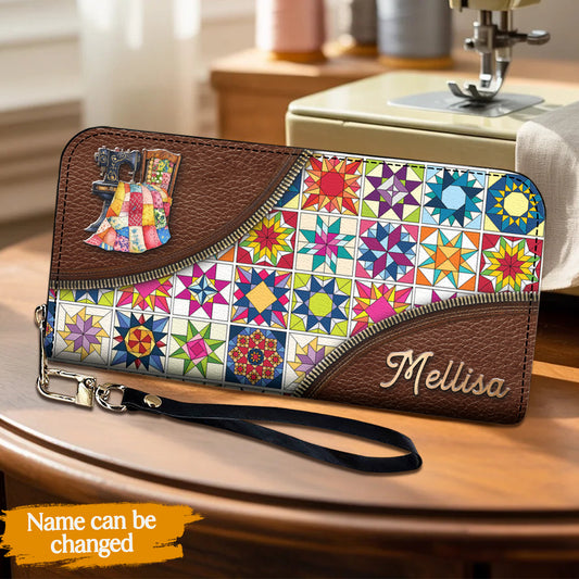 Sewing Lover Leather Wallet Personalized Colorful Quilt Blocks
