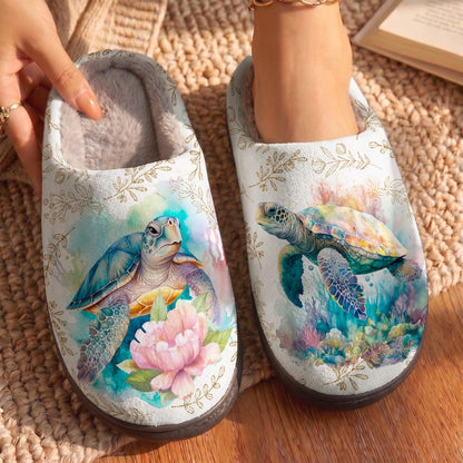 Sea Turtle Fleece Lined Slippers Turtle Reef Blossom