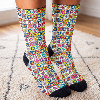 Sewing Lover Crew Socks Colorful Star Quilt Blocks