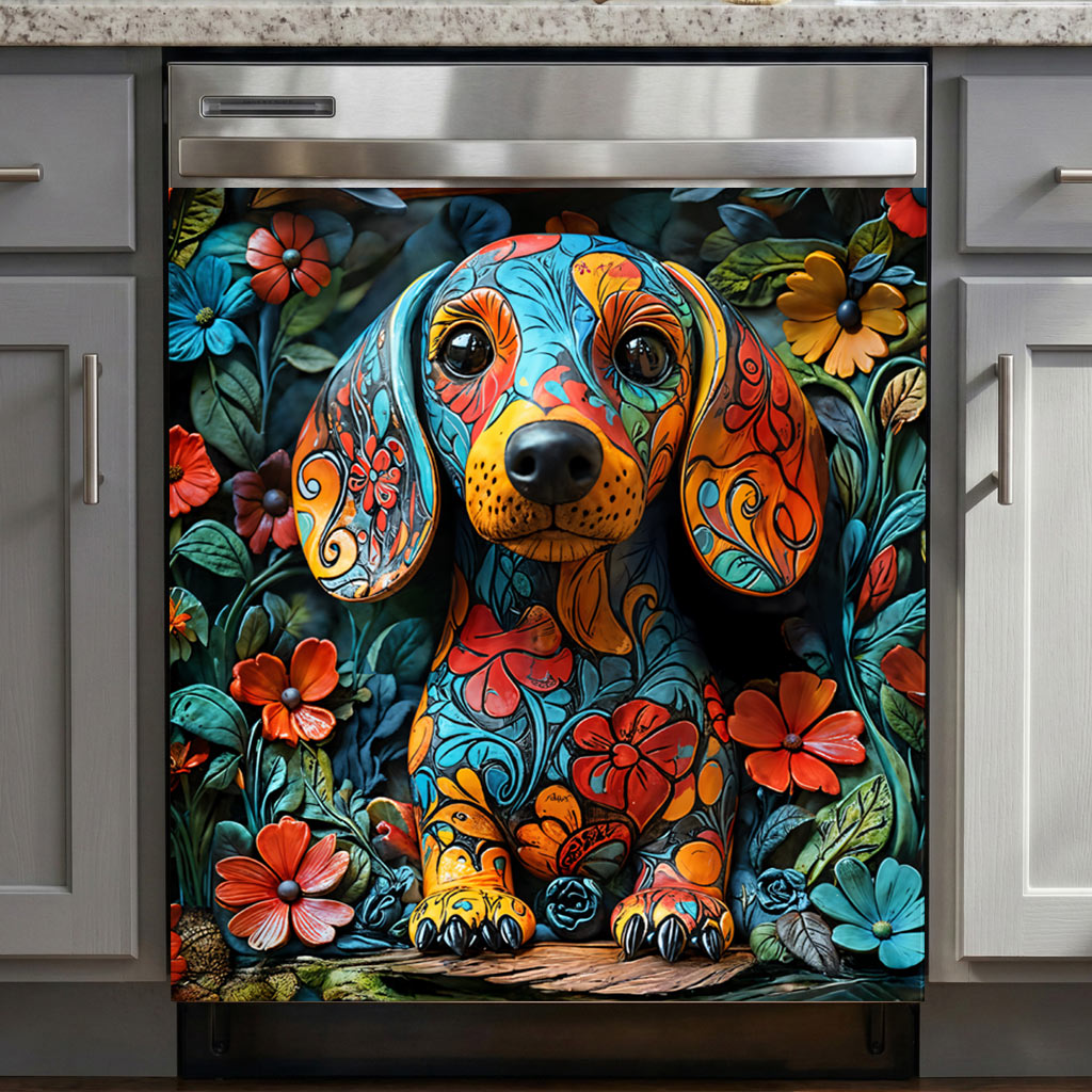 Dachshund Magnetic Dishwasher Cover Whimsical Dachshund Garden