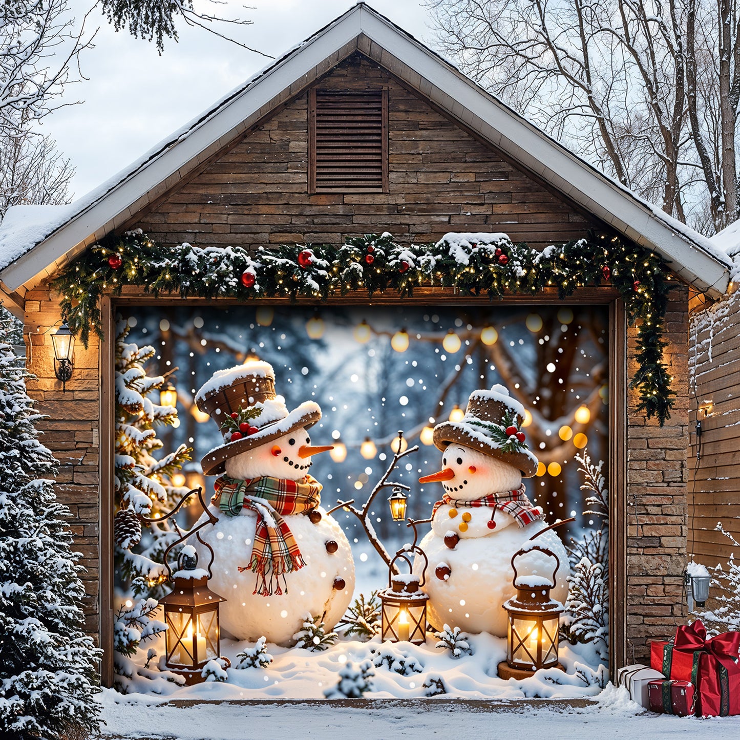 Christmas Garage Door Banner Decoration - Happy Snowmen’s Cozy Forest Glow