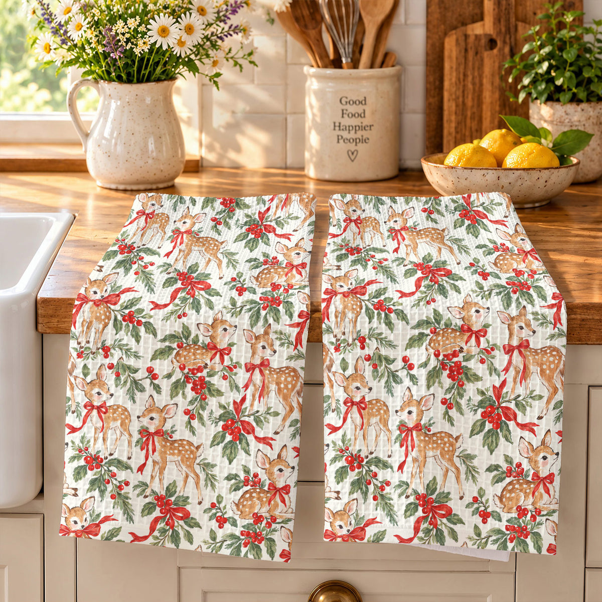 Christmas Kitchen Towel Holly Jolly Fawns