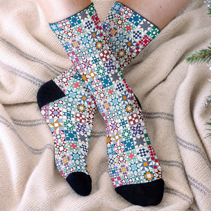 Sewing Lover Crew Socks Traditional Quilt Blocks