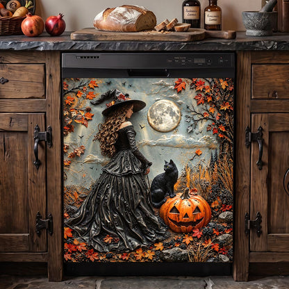 Witch Magnetic Dishwasher Cover Moonlit Witch and Cat in Autumn Forest
