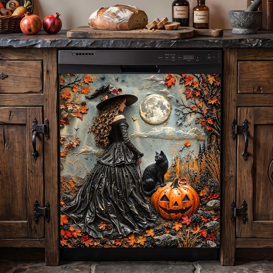 Witch Magnetic Dishwasher Cover Moonlit Witch and Cat in Autumn Forest